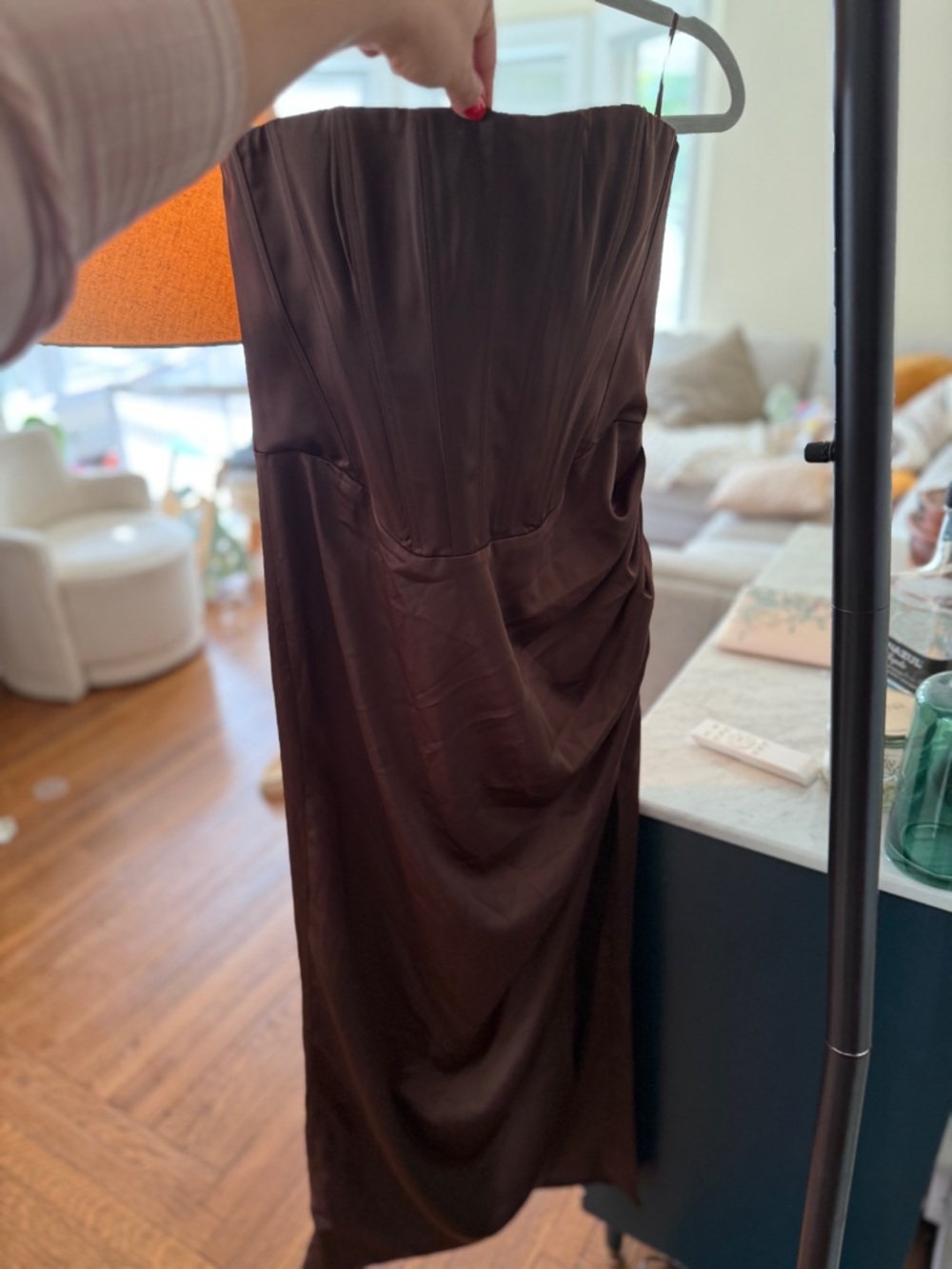 Bardot Everlasting Satin Chocolate Brown Strapless Corset Midi Dress - Picture 13 of 15